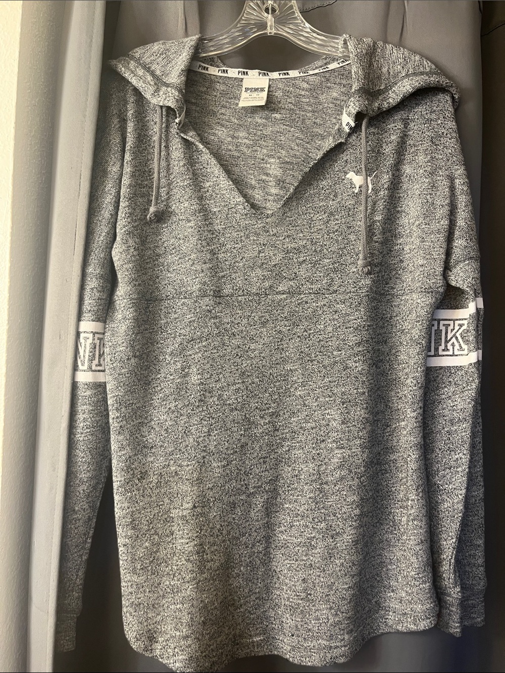 PINK Victoria's Secret Heather Gray V-Neck Hooded Sweater